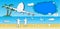 à¹à¸™à¸§people welcome and passenger plane to the beach with sea view and boatman outdoor background of paper art style,vector or